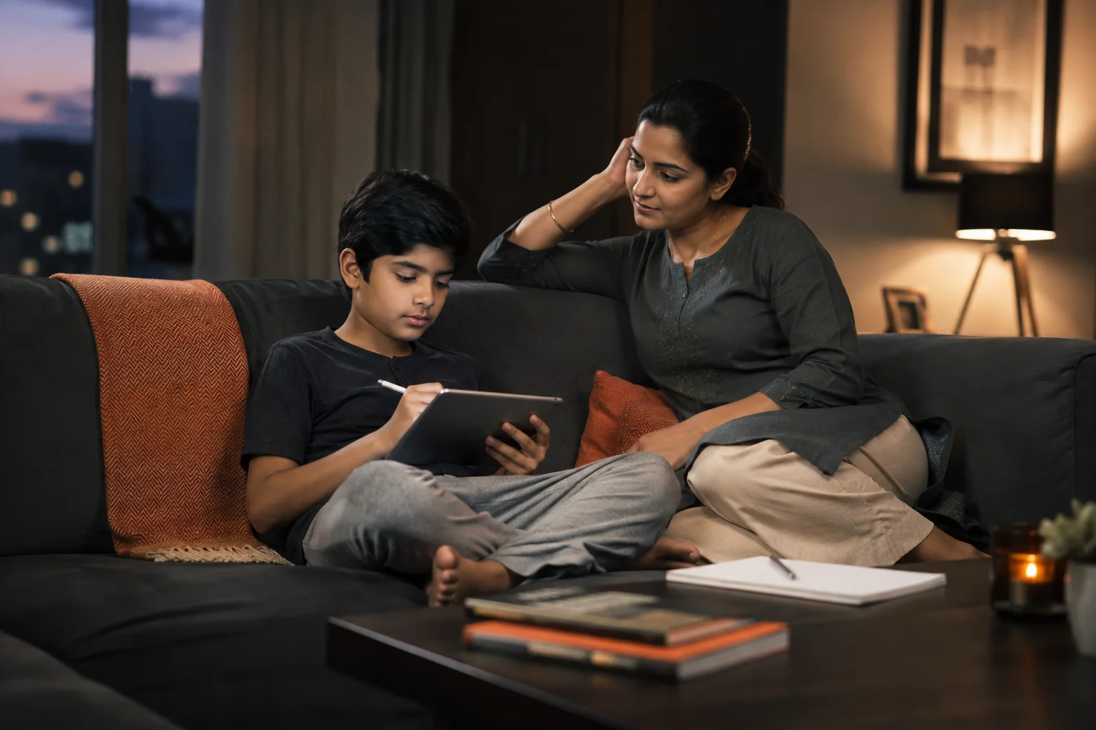 Family using technology together in a calm home environment